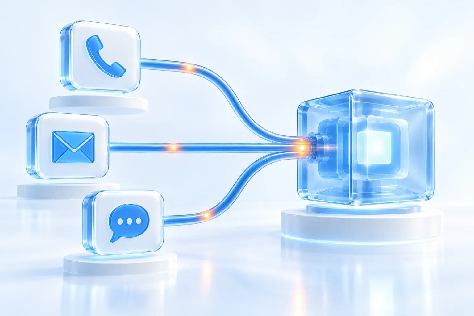 Phone, email, and chat pipelines converge into one blue glass cube