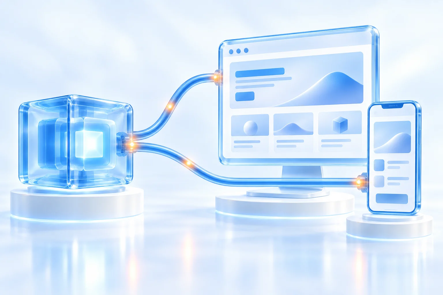 A blue glass AI core connects to a desktop website and mobile app through glowing blue pipelines
